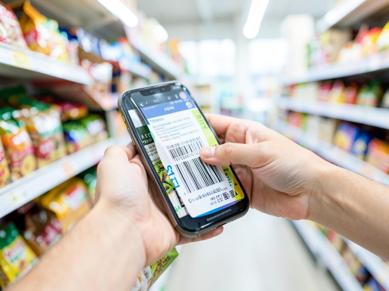 A phone scanning a barcode on a grocery shelf