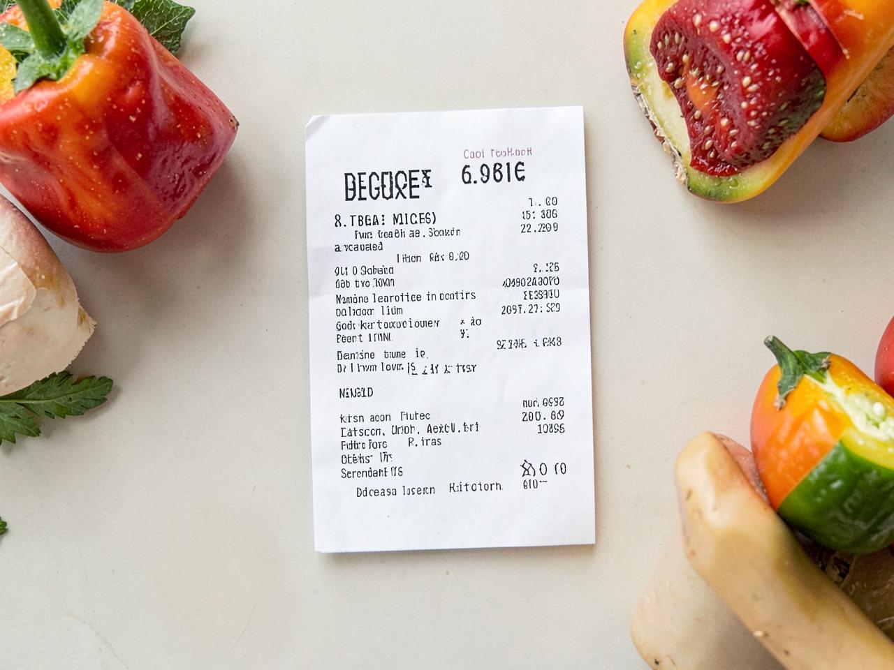 A grocery receipt on a table next to fresh produce