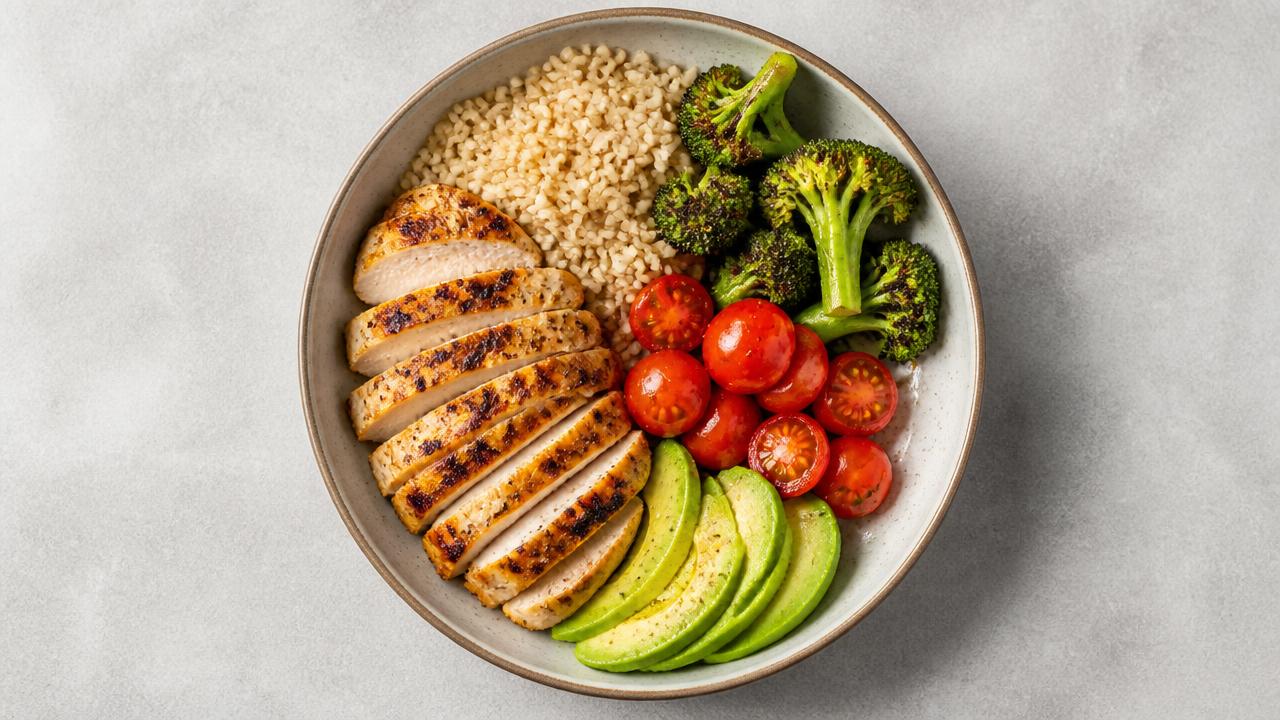 A grilled chicken bowl photographed from above
